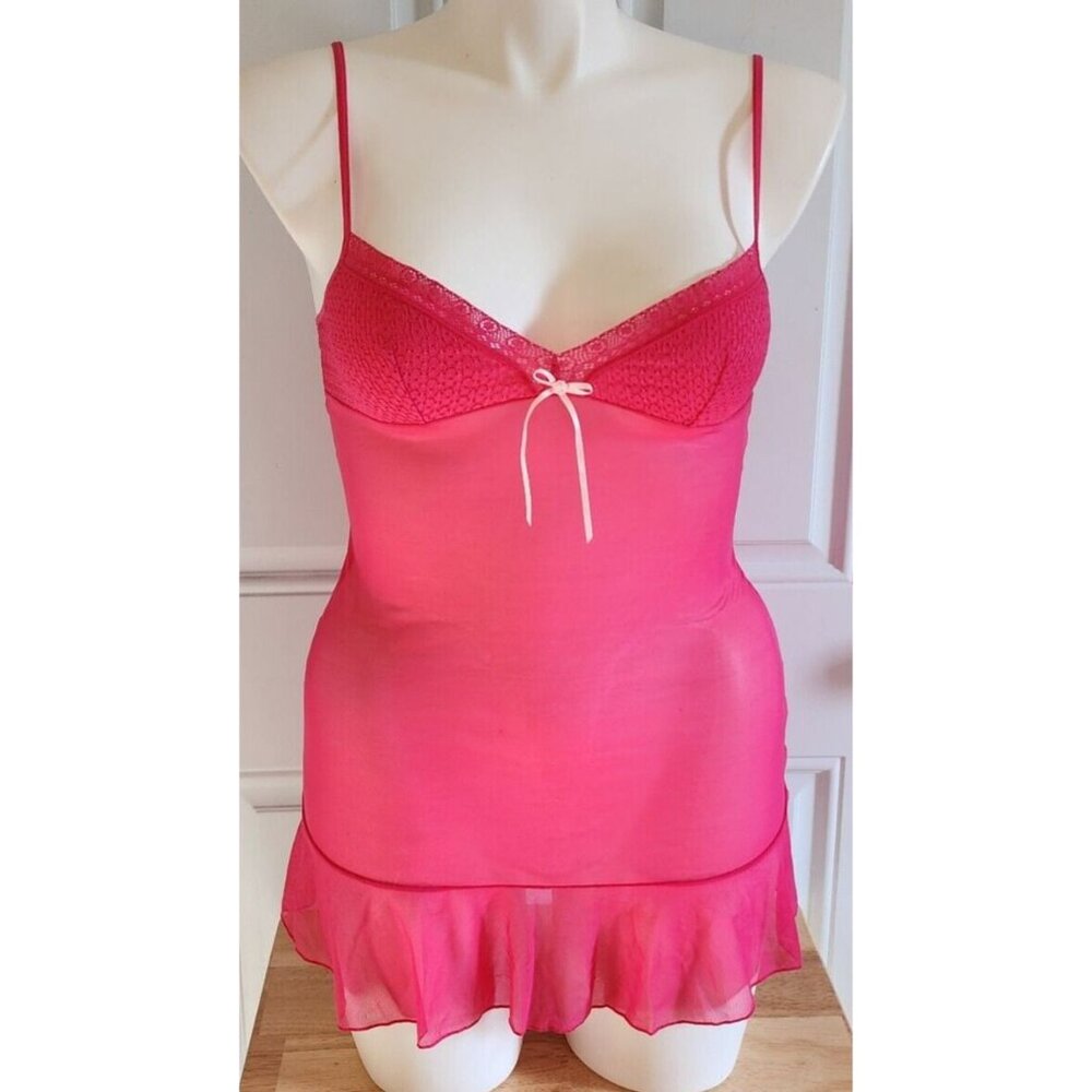 Victoria's‎ Secret Mesh/Lace V Neck Ruffle Hem Babydoll Slip Dress Hot Pink Sz M